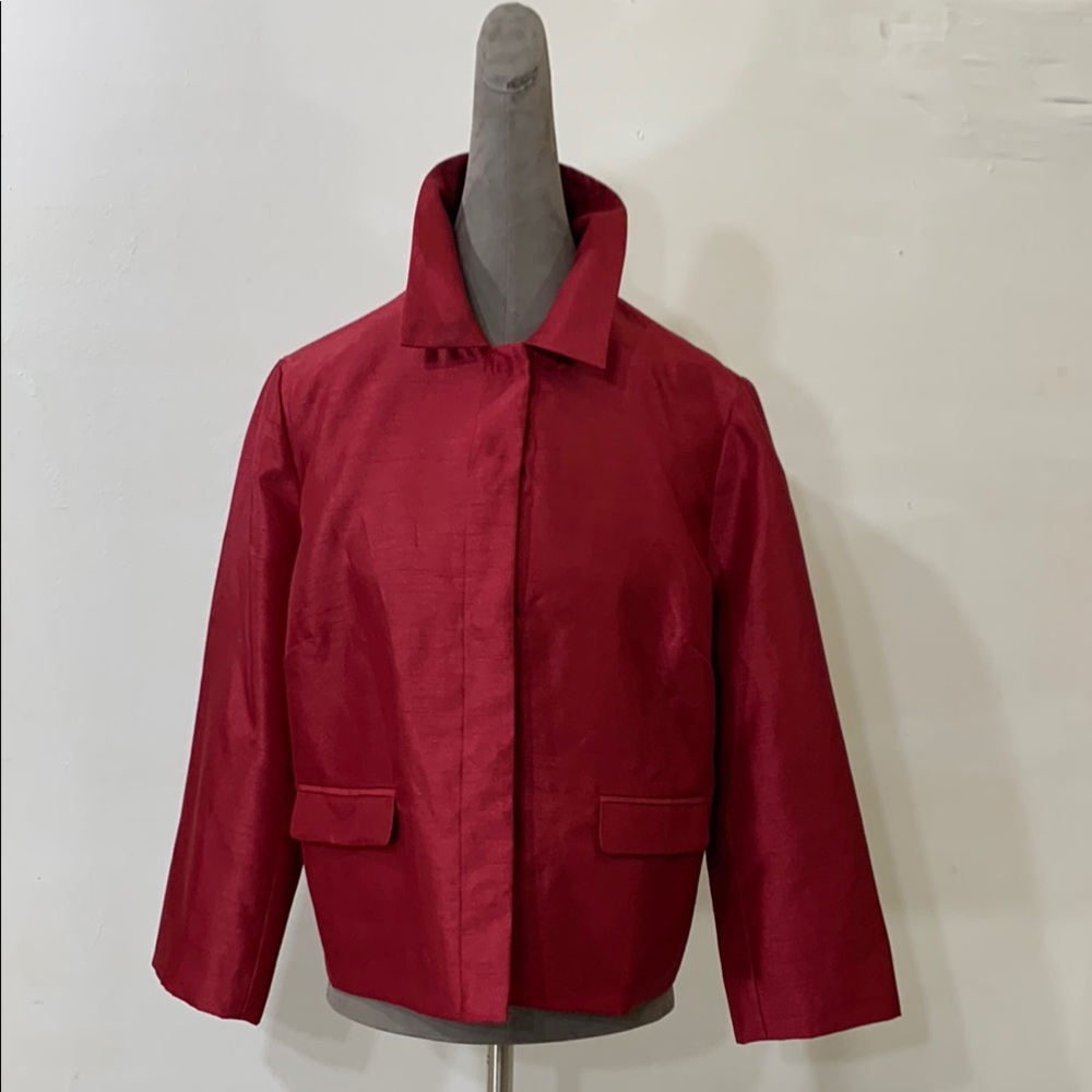 Chico’s red satin blazer. Snap front.